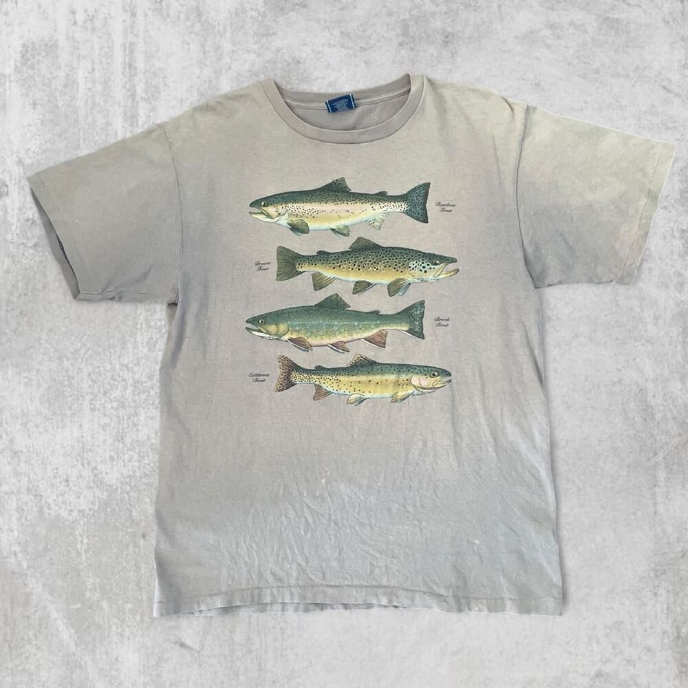 Vintage 90s Single Stitch Harborside Graphics Trout Tee L Made USA